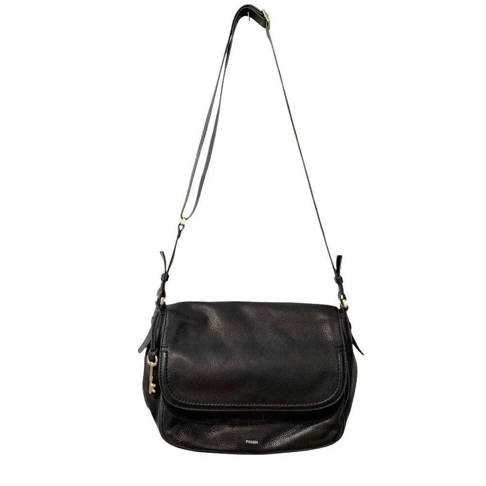 Fossil Black Leather Saddle Shoulder Handbag Small Purse EUC